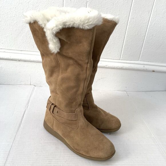 Lands End Womens 8.5 Tall Boots Suede Tan Fur Lined Eskimo Buckle Small Wedge - Picture 1 of 8